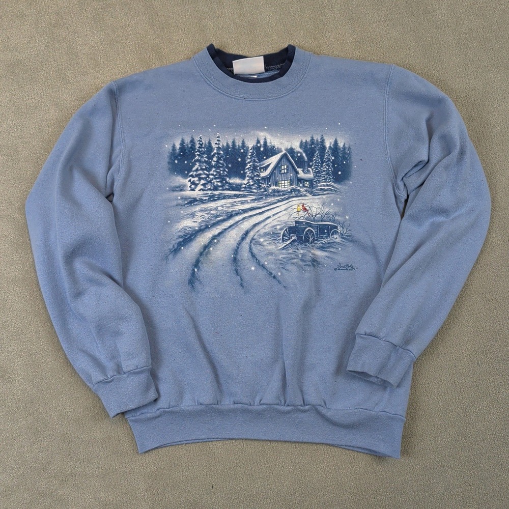 Morning Sun Sweatshirt Women M Blue Vintage Winter Cabin Cardinal Double Collar